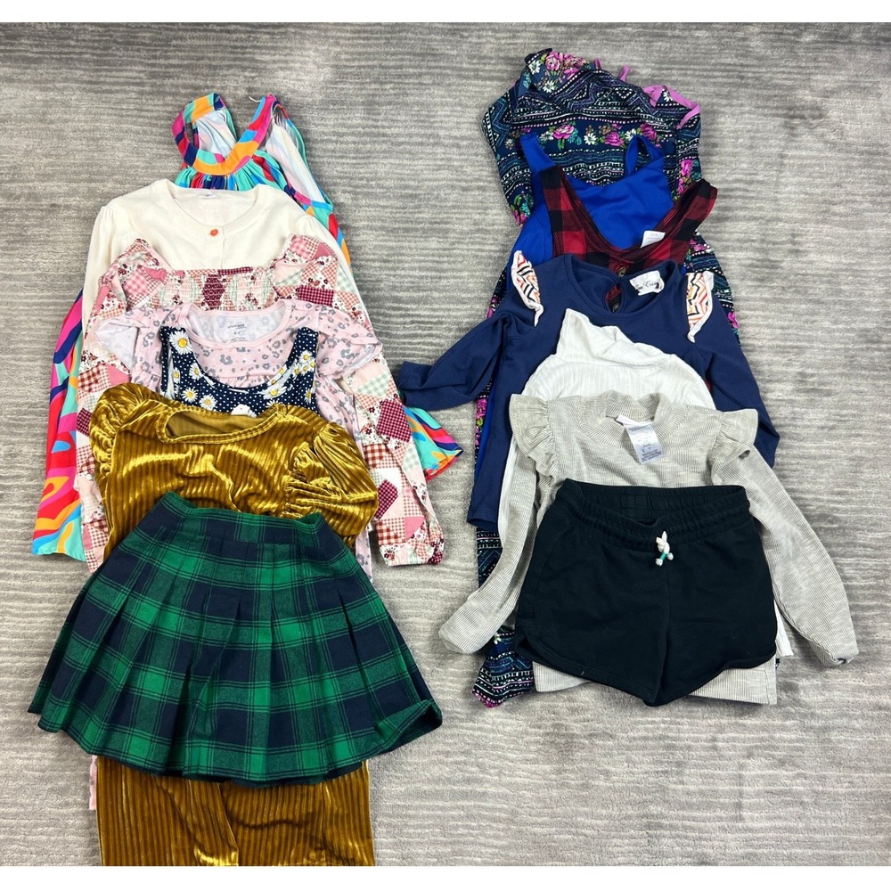 Lot of 14 Size 7 Mixed Girls Clothing Green Plaid Skirt Gold Velvet Dress Romper